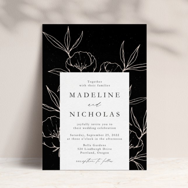 Modern Botanical Floral Black & Cream Wedding Invitation (Creator Uploaded)