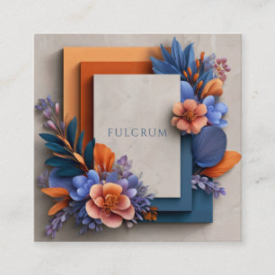 Modern Botanical Floral Blue Orange Square Business Card