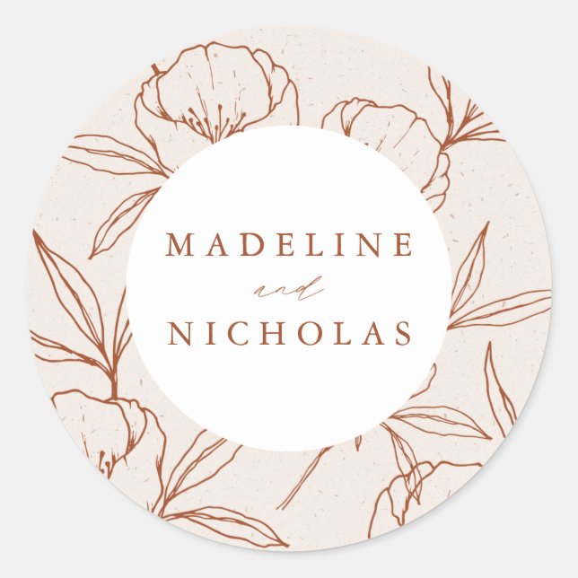 Modern Botanical Floral Cream & Cinnamon Wedding Classic Round Sticker (Front)