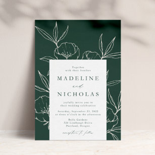 Modern Botanical Floral Dark Green & Cream Wedding Invitation