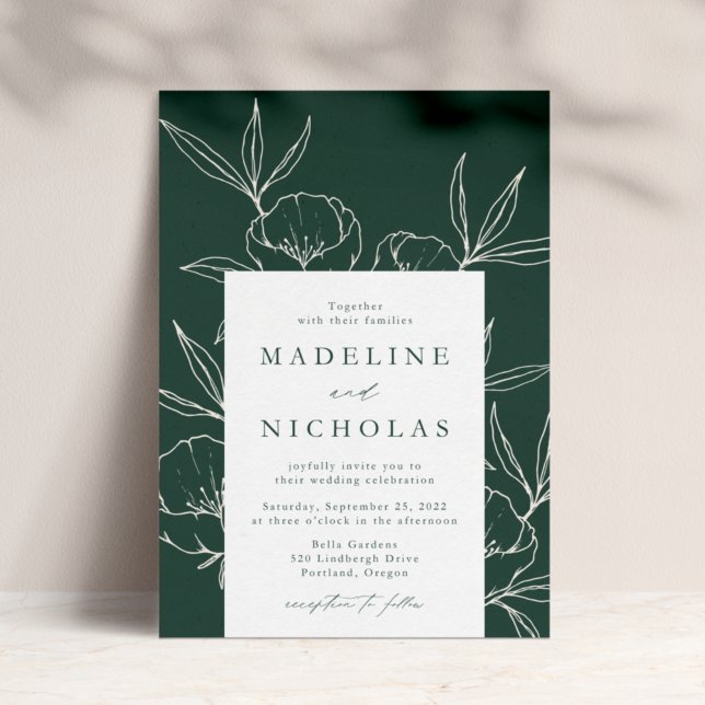 Modern Botanical Floral Dark Green & Cream Wedding Invitation (Creator Uploaded)