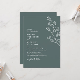 Modern Botanical Floral Dark Green & White Wedding Invitation