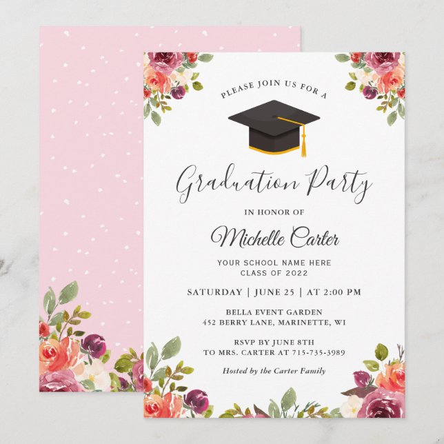 Modern Botanical Floral Girl Grad Graduation Party Invitation (Front/Back)