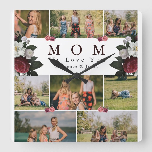 Modern Botanical Floral Mom 8 Photo Collage gifts Square Wall Clock (Front)