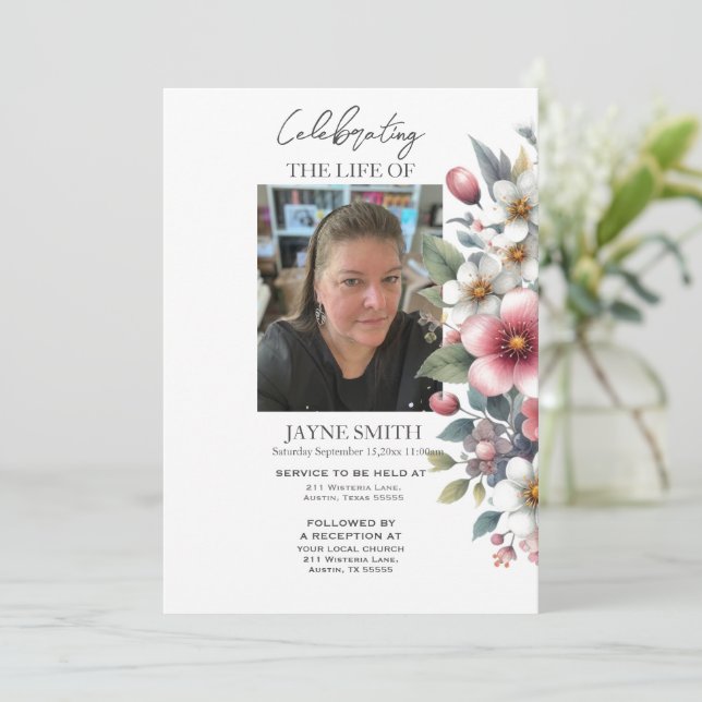 Modern botanical funeral memorial service e-vite invitation (Standing Front)