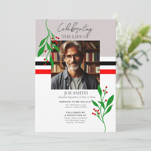 Modern botanical funeral memorial service e-vite invitation (Standing Front)