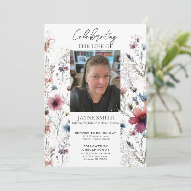Modern botanical funeral memorial service e-vite invitation (Standing Front)