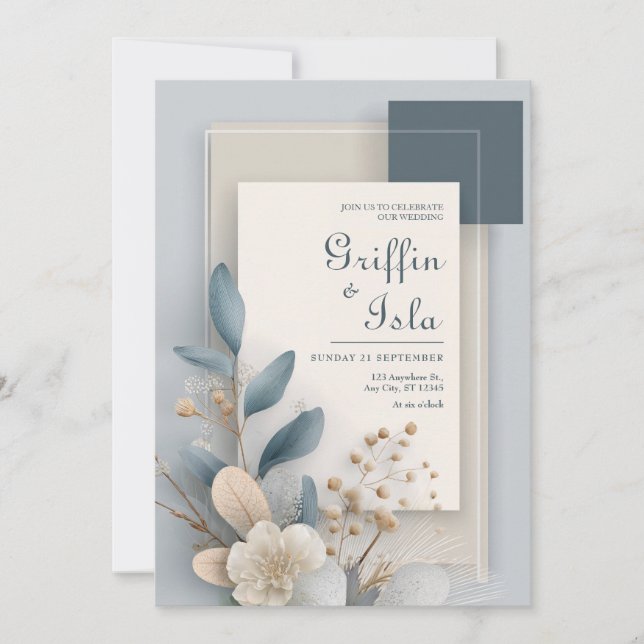 Modern Botanical Geometric Blue and Beige Wedding  Invitation (Front)