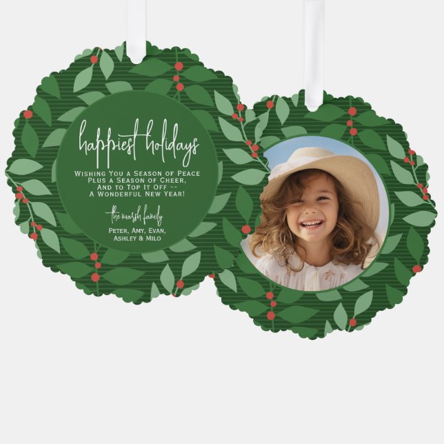 Modern botanical green - Photo - Happiest Holiday Ornament Card (Front/Back)