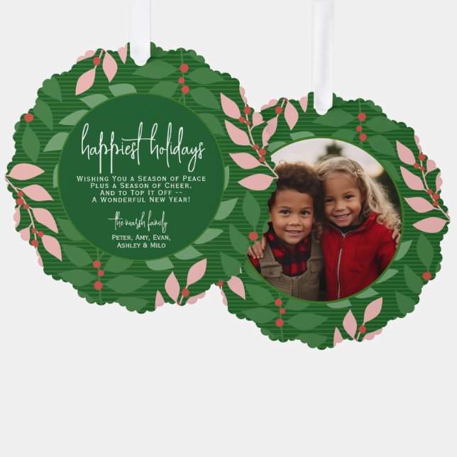 Modern botanical green - Photo - Happiest Holiday Ornament Card (Front/Back)