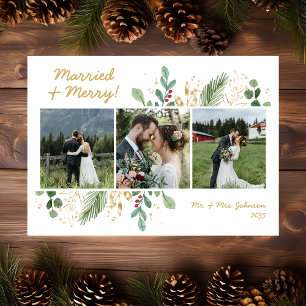 Modern Botanical Greenery 3 Photo Married & Merry Holiday Card
