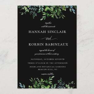 Modern Botanical Greenery Black Wedding Invitation