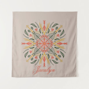 Modern Botanical Greenery Boho Orange Mandala Name Tapestry