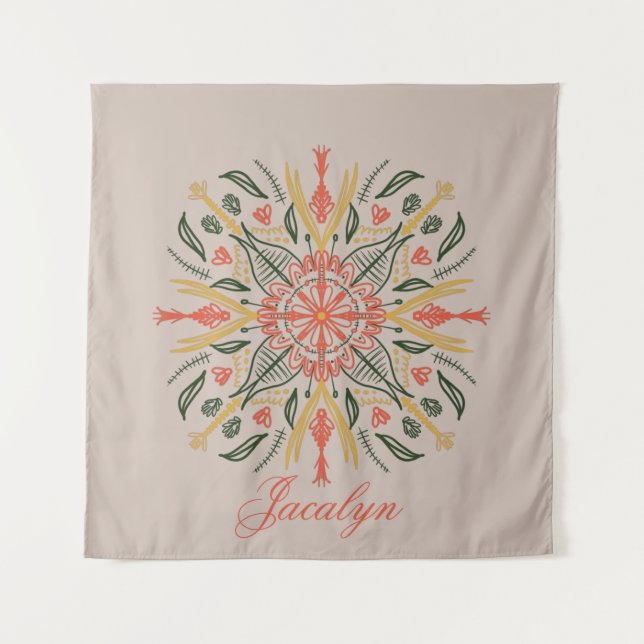 Modern Botanical Greenery Boho Orange Mandala Name Tapestry (Front)