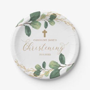 Modern Botanical Greenery Christening Calligraphy Paper Plate