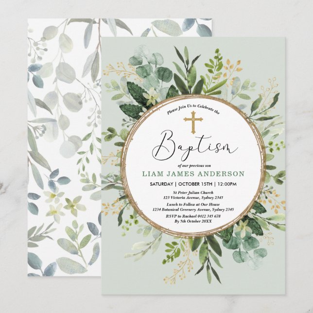 Modern Botanical Greenery Gold Wreath Baptism Invitation (Front/Back)
