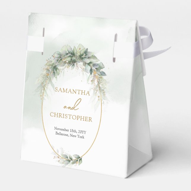 Modern botanical greenery leaf gold oval favor box (Back Side)