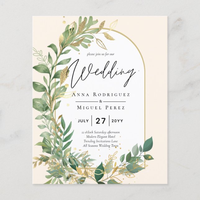 Modern Botanical Greenery Leaf Gold Wedding Invite Flyer (Front)
