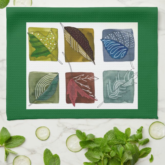 Modern Botanical Greenery Leaf Pattern Kitchen Towel (Folded)