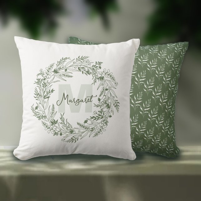 Modern Botanical Greenery Monogram M Throw Pillow (Creator Uploaded)