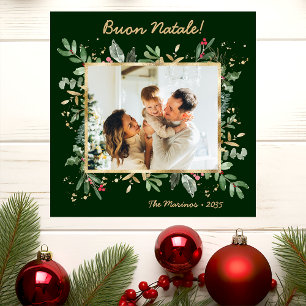 Modern Botanical Greenery Photo Buon Natale Holiday Card