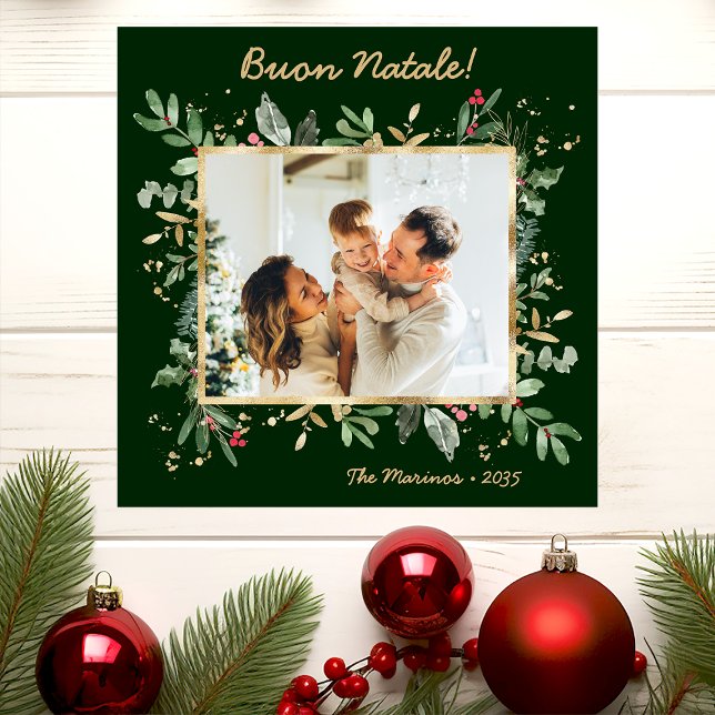 Modern Botanical Greenery Photo Buon Natale Holiday Card (Creator Uploaded)