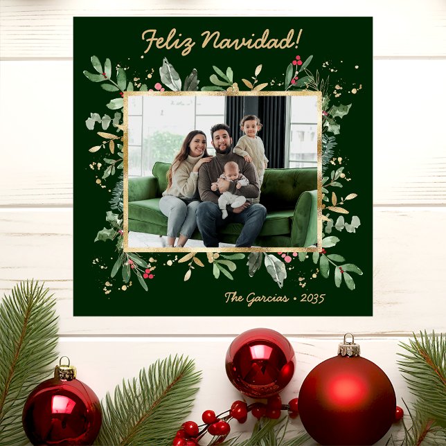 Modern Botanical Greenery Photo Feliz Navidad Holiday Card (Creator Uploaded)