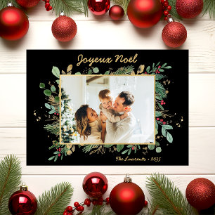 Modern Botanical Greenery Photo Joyeux Noel Holiday Card