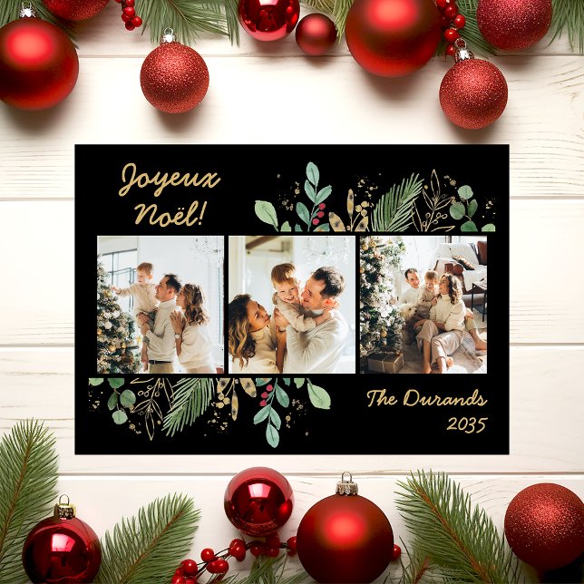 Modern Botanical Greenery Photo Joyeux Noel Holiday Card (Creator Uploaded)