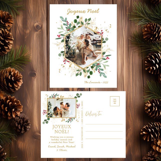 Modern Botanical Greenery Photo Joyeux Noel Holiday Postcard (Creator Uploaded)