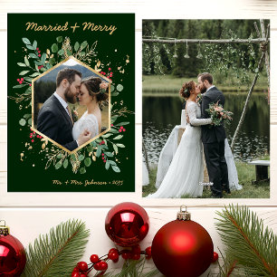 Modern Botanical Greenery Photo Married and Merry Holiday Card