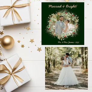 Modern Botanical Greenery Photo Married & Bright Holiday Card