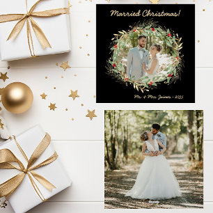 Modern Botanical Greenery Photo Married Christmas Holiday Card