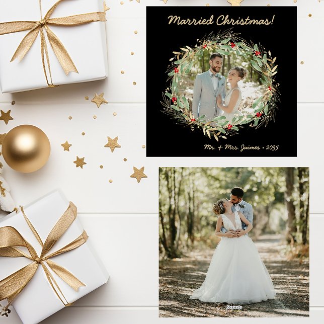 Modern Botanical Greenery Photo Married Christmas Holiday Card (Creator Uploaded)