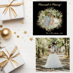 Modern Botanical Greenery Photo Married & Merry Holiday Card