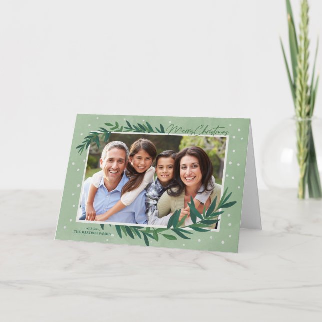 Modern Botanical Greenery Photo Merry Christmas Holiday Card (Front)