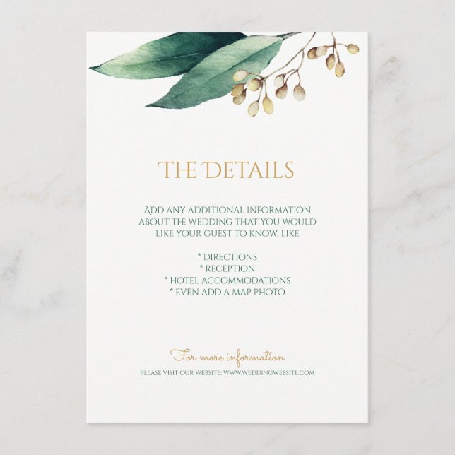 Modern botanical greenery rustic details card (Front)
