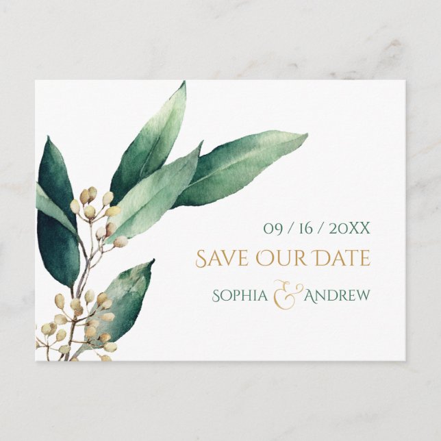 Modern botanical greenery rustic save the date announcement postcard (Front)