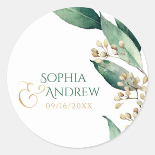 Modern botanical greenery rustic wedding monogram classic round sticker