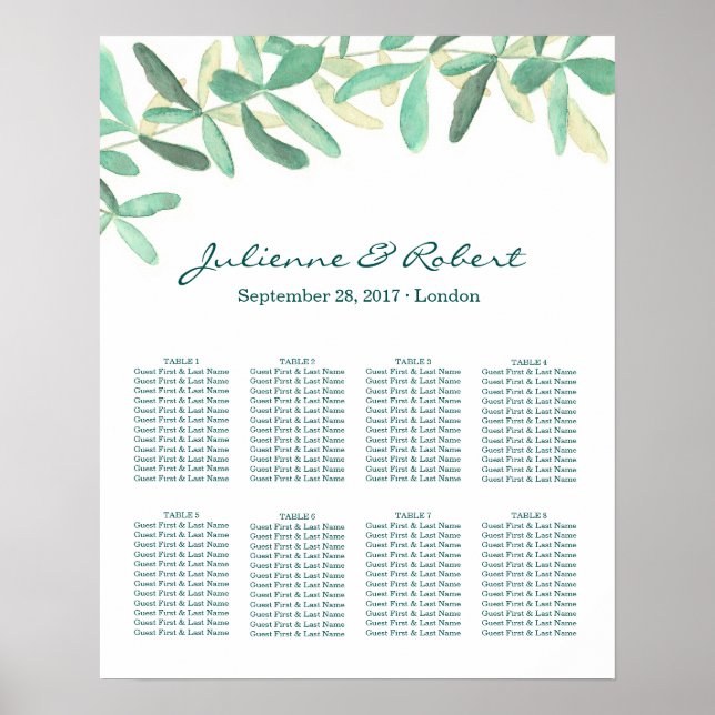 Modern Botanical Greenery Wedding Seating Chart (Front)