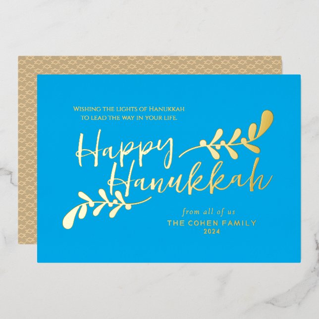 Modern Botanical Hand Lettered Happy Hanukkah Foil Holiday Card (Front/Back)