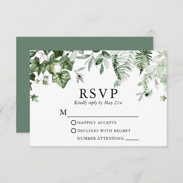 Modern Botanical Ivy Ferns Sage Green Wedding RSVP Card (Front/Back)