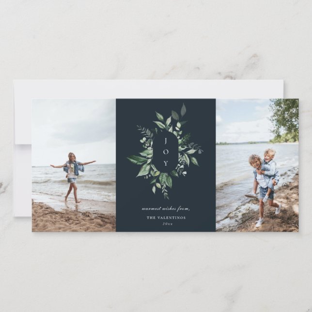 Modern Botanical Joy Photo Holiday Card Blue (Front)