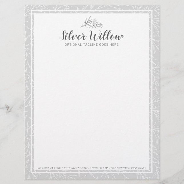 Modern Botanical Leaf Branches Silver Minimalist Letterhead (Front)