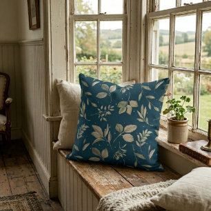 Modern Botanical Leaf Pattern Dark Ocean Blue Throw Pillow