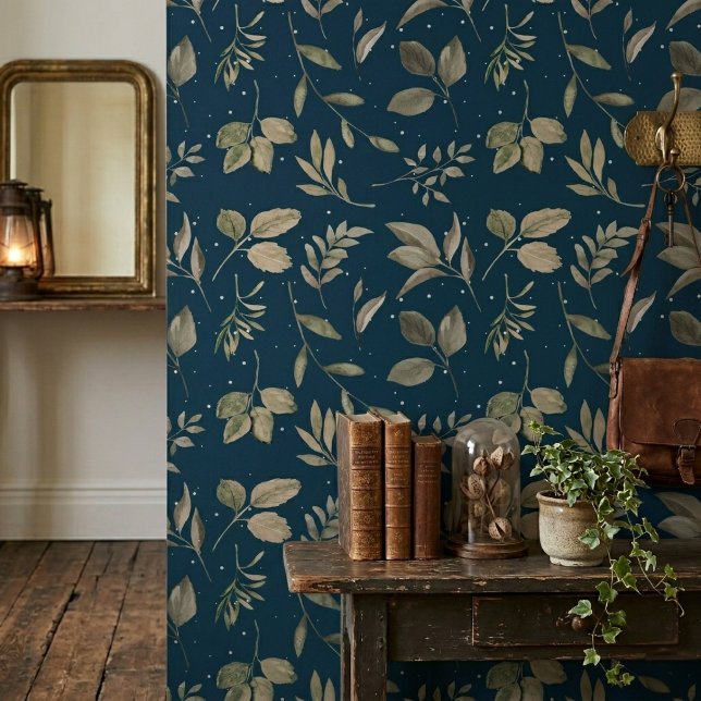 Modern Botanical Leaf Pattern Dark Ocean Blue Wallpaper (Creator Uploaded)