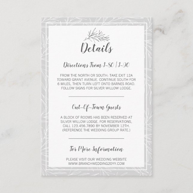 Modern Botanical Leaf Silver Details / Directions Enclosure Card (Front)