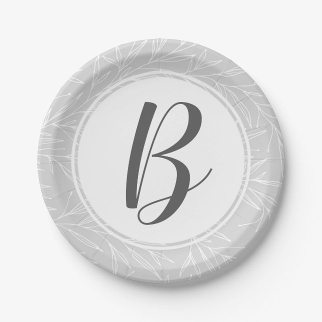 Modern Botanical Leaf Silver Monogram Wedding Paper Plate (Front)