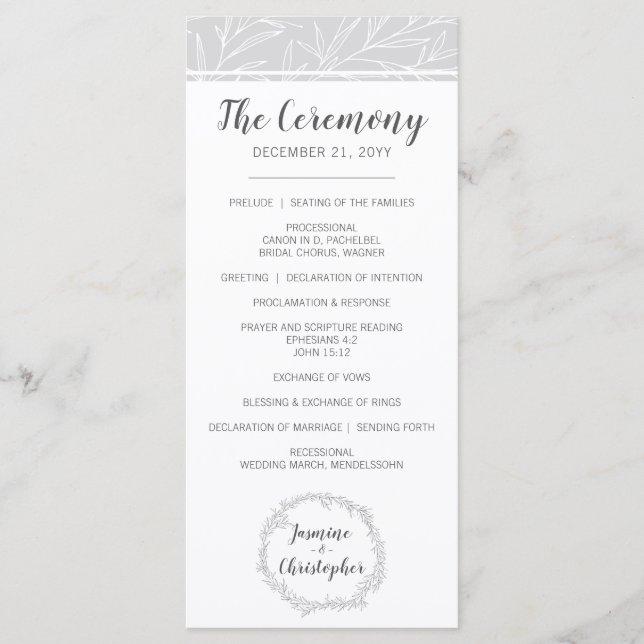 Modern Botanical Leaf Silver Wedding Program (Front)