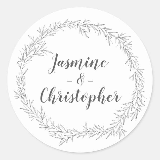 Modern Botanical Leaf Wreath Wedding Stationery Classic Round Sticker (Front)